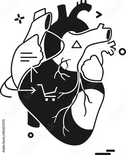 Abstract anatomical heart vector illustration showing arteries, veins, and medical elements for cardiology, biology, science, research, and education