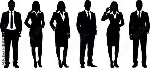 Silhouettes of professional business people in formal attire, male and female figures, standing poses for corporate and design use.