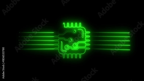 Bright Green Neon Outline of a Microchip or CPU with Connecting Wires on Black Background processor