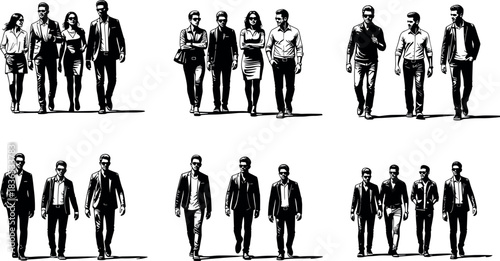 Stylized business people walking together in groups, teamwork concept, professional attire, corporate collaboration, confident stride, black and white vector illustration