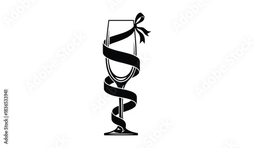 Champagne Glass Wrapped in Ribbon with Bow on White Background Keywords: champagne glass, wine glass, celebration, party, toast, drink, beverage, ribbon, bow, gift, present, elegant, festive