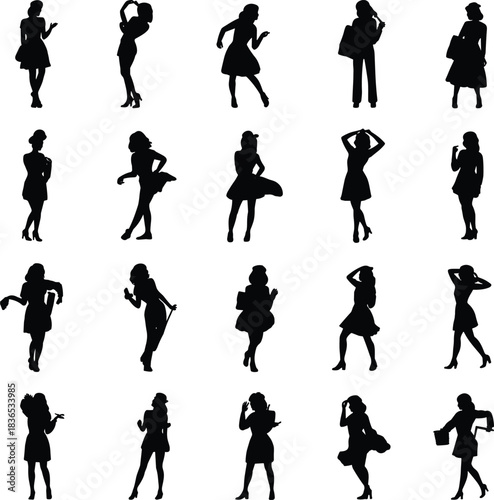 Collection of stylish woman silhouettes in various expressive poses, dancing, walking and standing, showing fashion movement and attitude for design
