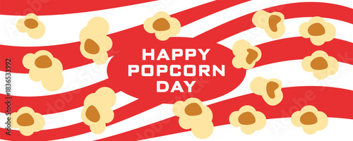 Happy Popcorn Day banner with popcorn falling popcorn kernels on a bright red background. Festive flat design illustration for World Popcorn Day celebration and cinema-themed promotions