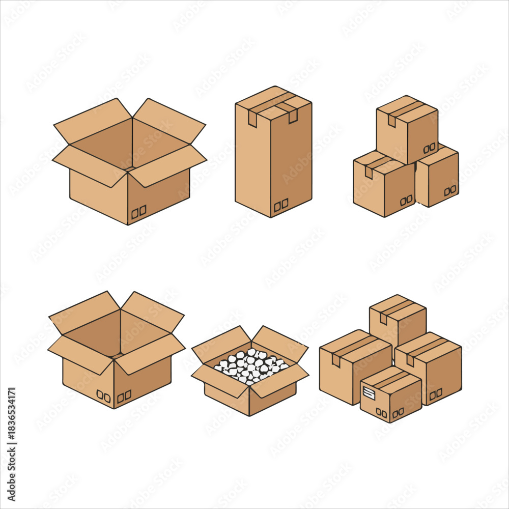 Fototapeta premium Isometric cardboard boxes, open, closed, stacked for delivery Vector