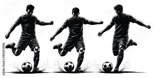 Dynamic monochrome illustration of soccer players kicking a ball with powerful motion