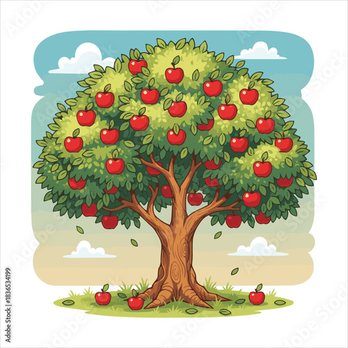 A cartoon apple tree with ripe red fruits and green leaves. Vector