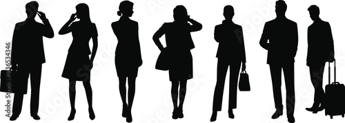 Silhouettes of business professionals standing, walking and talking with briefcases, handbags and luggage, showing modern corporate poses for design use