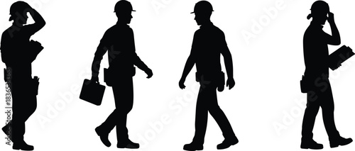 Silhouettes of construction workers walking and inspecting with tools, hard hats and equipment, showing industrial labor and safety poses for design projects