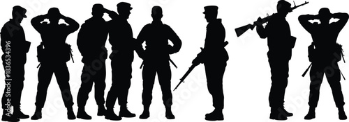 Silhouettes of military personnel standing in various poses with gear and equipment, representing defense forces and duty scenes for design projects