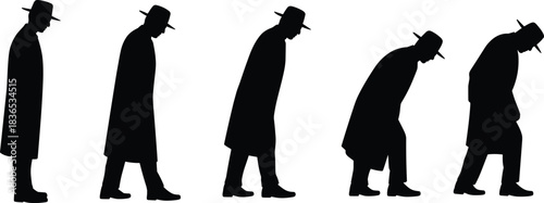 silhouettes, man, walking, posture, slouching, progression, movement, figure, motion, cycle, steps, shadow, concept, depression, fatigue, loneliness, behavior, expression