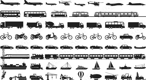 Silhouette collection of various transportation vehicles including cars, buses, trains, aircraft, bicycles, boats, and construction machines, isolated icons
