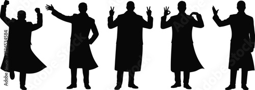 silhouettes, people, gestures, poses, expression, standing, coat, motion, sign, victory, okay, hand, action, gesture, communication, symbol, confident, movement