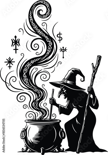 Halloween witch stirring magic cauldron with symbols