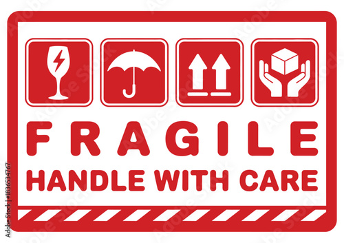 Fragile Handle with Care Sticker, red warning label for delivery packages, featuring side-up symbol, broken glass icon, vector illustration, safety markings, protective shipping instructions, 