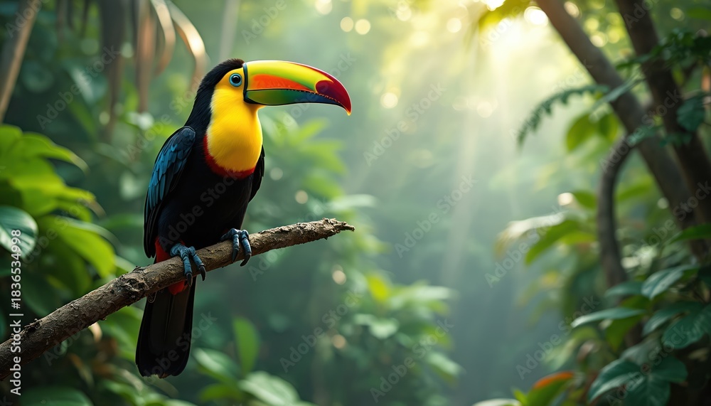 Naklejka premium Colorful toucan bird rests on tree branch in rich green rainforest. Sun rays illuminate jungle foliage creating magical atmosphere. Exotic wildlife scene.