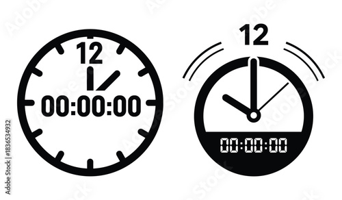 Two Black Silhouette Clock Faces with Digital Timers Displaying Zero Keywords: clock, timer, time, stopwatch, countdown, measurement, digital, analog, numbers, dial, face, graphic, icon, symbol