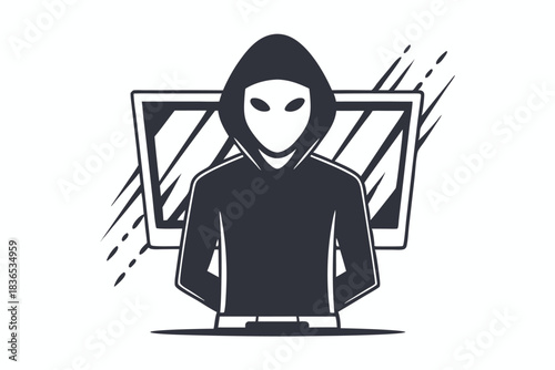 Hooded figure with mask works on a laptop surrounded by sharp lines and shapes