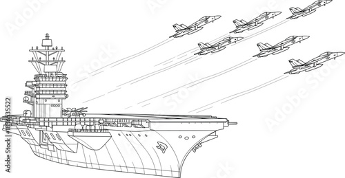 Powerful aircraft carrier at sea with fighter jets taking off in formation, military aviation technology, naval fleet operations, modern warship engineering, high-detail line art illustration
