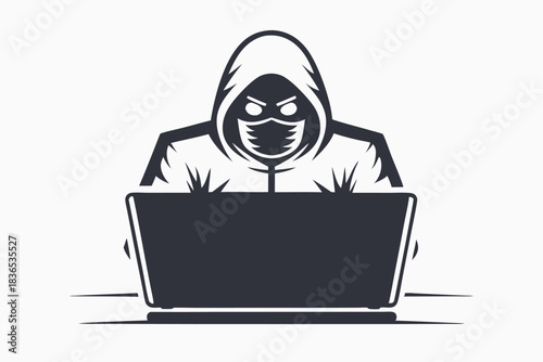 Masked person wearing jacket is visually striking with stylized anonymity in a simple image