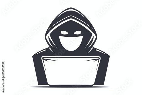 Dark hooded figure's eyes peek out above the face veil with stoic presence