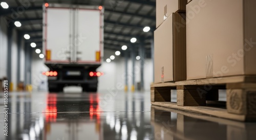 Cargo truck reversing into a warehouse, with stacked cardboard boxes on wooden pallets in the foreground, showcasing logistics and efficient cargo transportation operations in a commercial setting