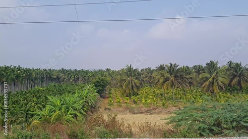 A video of train window view shows arecanut fields or trees and lands moving along speeding train