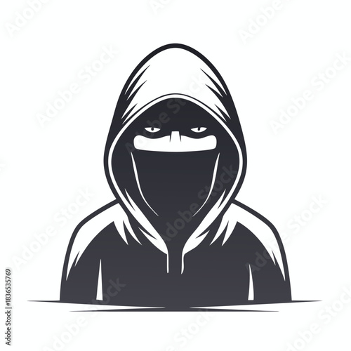An anonymous hooded figure obscures their face behind a dark veil, casting a shadow
