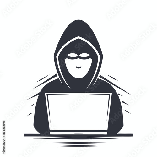 Masked figure in hooded cloak uses a computer, shown in a style