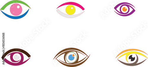Six Abstract Colorful Eye Logos on White Background
