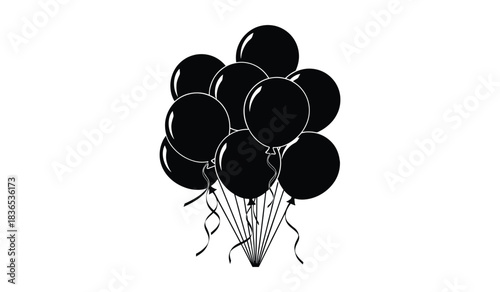 Silhouette of a bunch of black balloons with ribbons on a white background cluster celebration