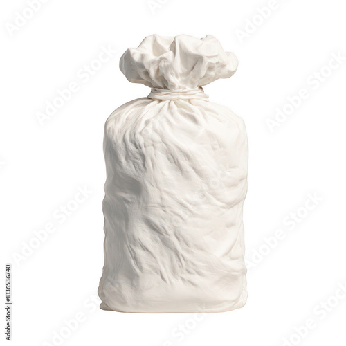 White tied fabric sack standing upright, ready for use, isolated with ample copy space around it, clean. isolated on transparent background
