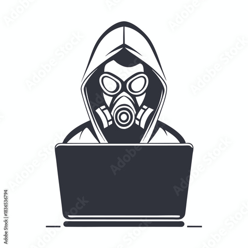 An isolated figure wearing a gas mask and hooded shirt uses a laptop