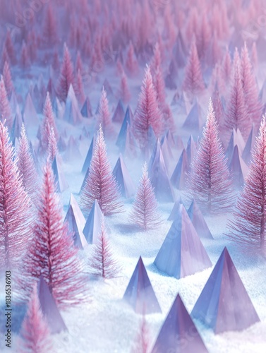 Abstract Christmas Trees Made of Triangles Fill a Snowy Forest Landscape With Various Shapes and Sizes During the Winter Season