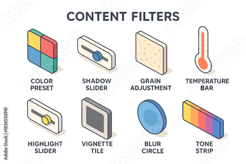 Isometric image of content filters and photo editing controls icons set with color panel, shadow slider, grain adjust, temperature bar, highlight slider, vignette tile, blur circle and tone strip vect