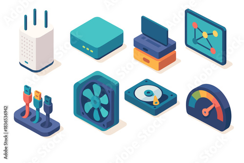 Isometric Digital Technology Devices and Network Components on a Dark Background Representing Data and Connectivity