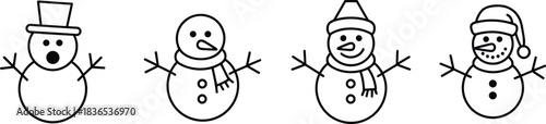 Four simple line art snowman icons with different hats and expressions winter illustration