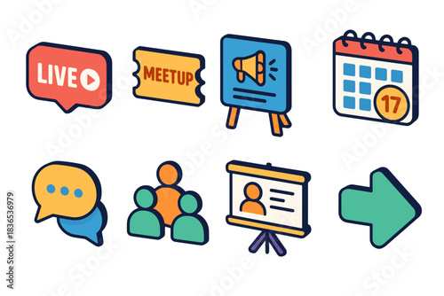 Collection of Digital Icons Representing Live Broadcast Meetup Presentation Calendar Meeting and Navigation with Vibrant Colors on a Black Background