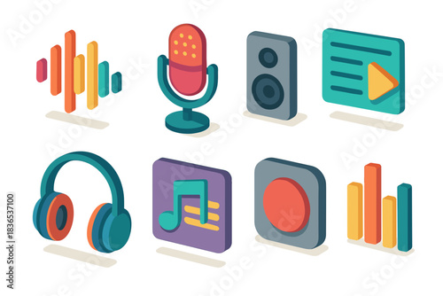 Collection of Stylized Isometric Icons Representing Audio Music Production and Sound Recording Elements Featuring Equalizers Microphones Speakers Headphones and Play Buttons on Black Background