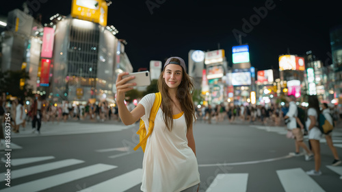 Young woman taking selfie at busy Shibuya city crosswalk night travel lifestyle and social media content creation