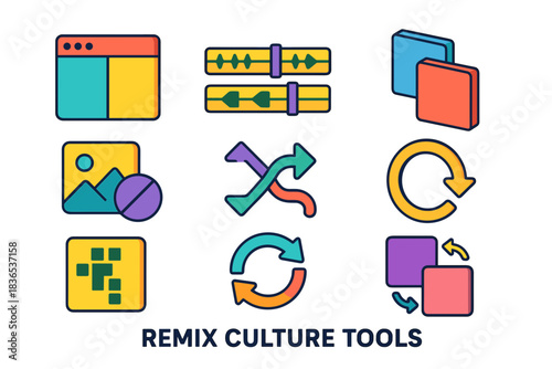 Digital Remix Culture Tools Icons Representing Editing Media Content Creation and Digital Art Processes with Abstract Geometric Shapes and Arrows on Black Background