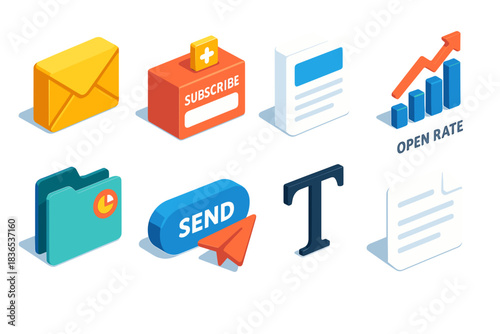 Digital Marketing Icons Including Email Envelope Subscription Box Newspaper Graph Folder Send Button Typography and Document on Black Background