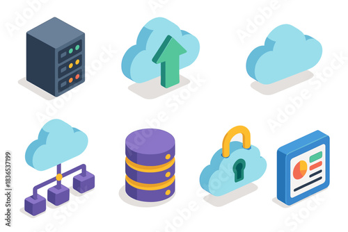 Isometric Cloud Computing Icons Server Data Storage Network Connection Security And Analytics Graphic Elements On Black Background