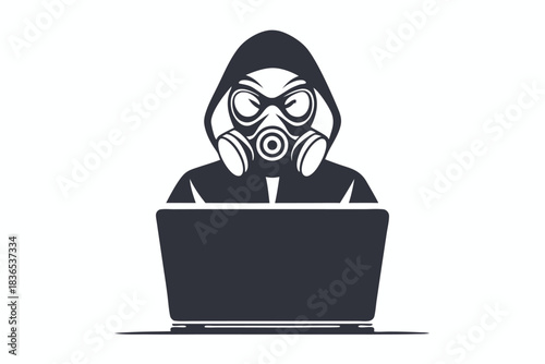 Silhouette figure in hood and mask uses laptop as a cybersecurity expert works online