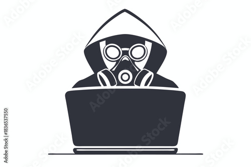 Person in hoodie and gas mask stands amidst sharp abstract shards of darkness