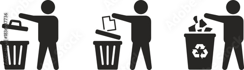 Three Icons of People Disposing of Different Items in Bins trash disposal