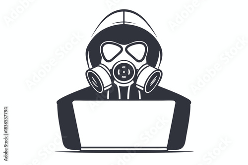 Dark silhouette figure in a hat and gas mask works on a laptop