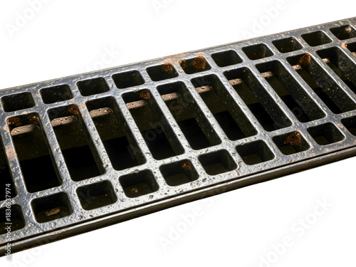 Rusty black metal trench drain grate with rectangular grid pattern on a transparent background