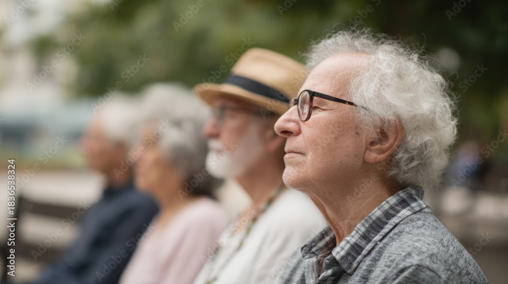 Fototapeta premium Group of elderly people sitting on a bench in a park.
