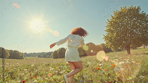 Woman reaching towards sunlight in a meadow