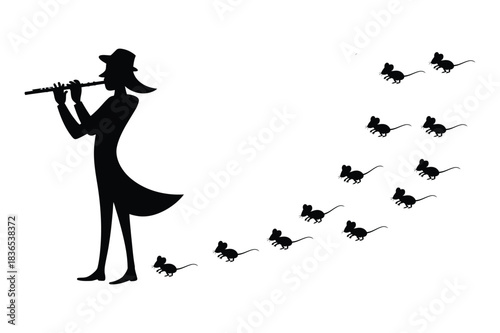 Pied Piper Silhouette with Mice Following - Black and White Icon Design.
